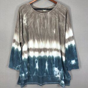 Zia T Shirt Women's Large Green Brown Tie Dye Tunic Oversized Round Long Sleeve